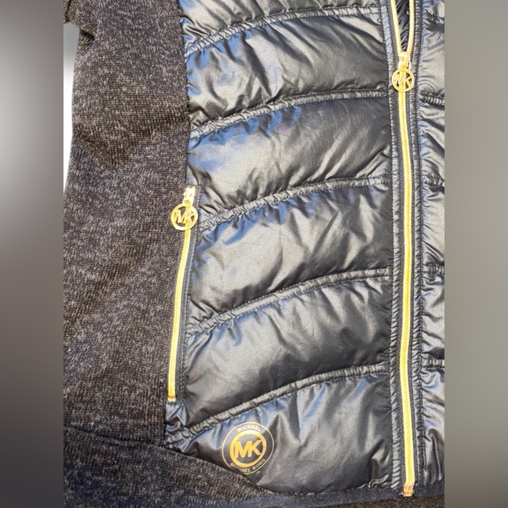 Michael Kors Black brown Hi low down Puffer Jacket with Gold MK Accents - Picture 9 of 16